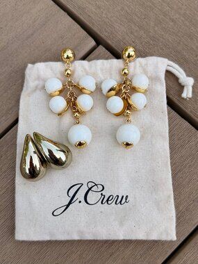 2 pairs of Jcrew Earrings Gold White Beads & Puffy Drop